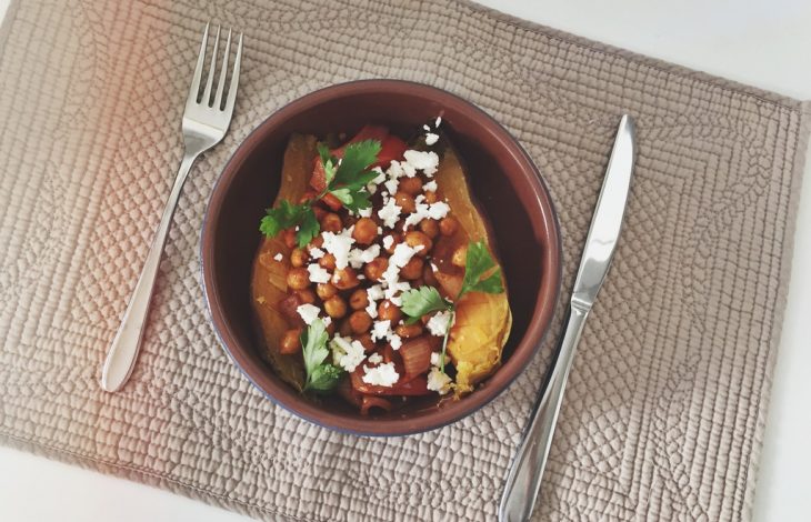 Harissa Chickpea Stuffed Sweet Potatoes